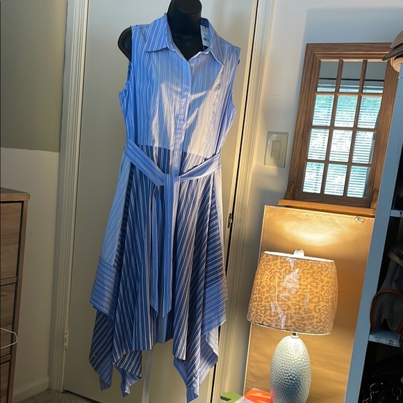 Gracia Dresses & Skirts - Gracia Blue and White Asymmetrical Sundress with Dress Shirt Collar